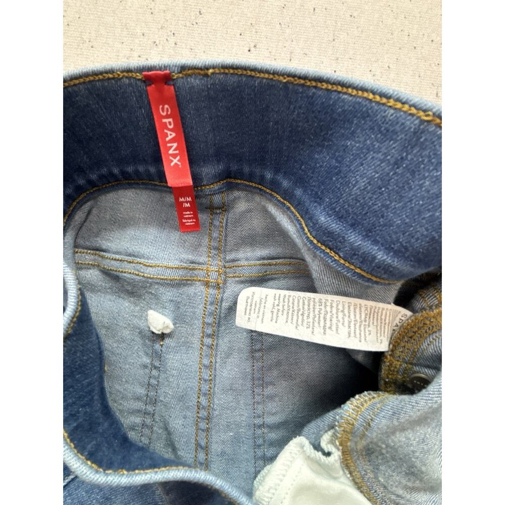 Spanx Flare Jeans Womens M Long Blue Wash Denim Pull On High Rise Stretch 36’ T - Picture 3 of 7